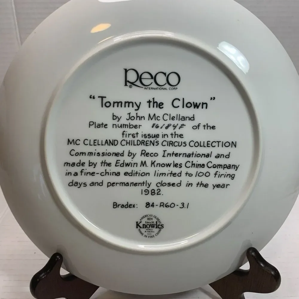 1982 McClelland TOMMY‎ THE CLOWN Collector Plate Children's Circus Collection